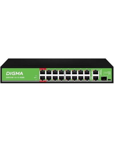 DSP216F-1G-1C-R300 (L2) 16х100Мбит/с 1х1Гбит/с 1хКомбо(1000BASE-T/SFP) 16PoE 16PoE+ 2PoE++ 300W. Коммутатор с питанием по PoE. Digma в Калуге
