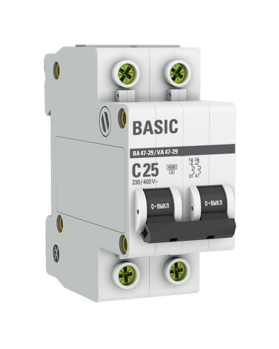 Автоматический выключатель 2P 25А (C) 4,5кА ВА 47-29 Basic (mcb4729-2-25C). Автоматический выключатель. EKF в Калуге