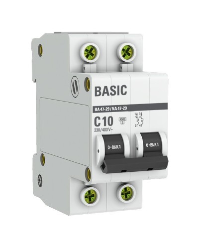 Автоматический выключатель 2P 10А (C) 4,5кА ВА 47-29 Basic (mcb4729-2-10C). Автоматический выключатель. EKF в Калуге