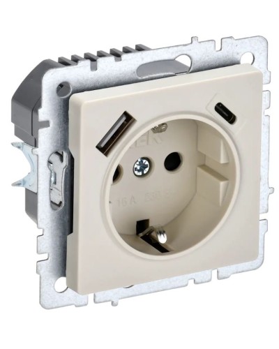Розетка с з/к с USB A+C 18Вт РЮш11-1-БрКр бежевый BRITE (BR-R14-16-U22-018-K10). Розетка с заземлением с защитными шторками, 18Вт. IEK в Калуге
