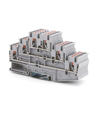 Клемма трехуровневая, зажим push-in, 2.5 кв.мм, серая (VPR-2.5-3L-GY). Клемма проходная, 6 точки подключения. ДКС в Калуге